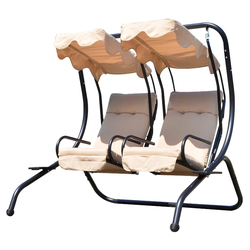 Outsunny Luxury Porch Swing Metal Outdoor Swing Chair 2 Separated Seater Hammock Heavy-Duty with Canopy and Cushions, Beige