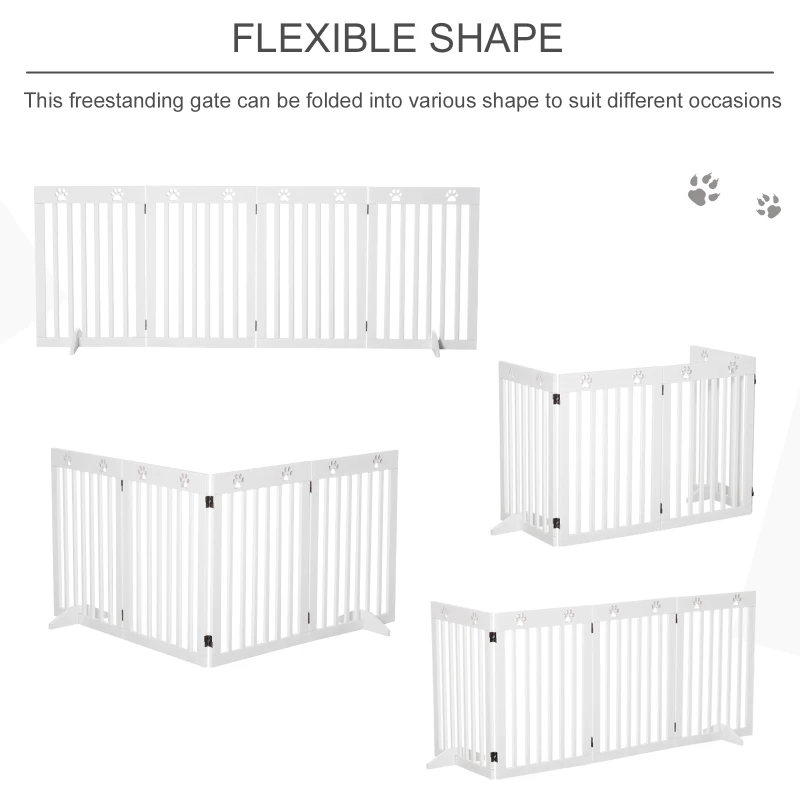 PawHut 29"H Freestanding Folding Pet Gate, Wooden Dog Barrier Fence, with 4 Panels and Dual Hinged Design for Doorways, or Stairs, White