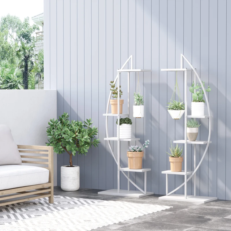 Outsunny 5 Tier Metal Plant Stand, Flower Pot Display Shelf with Hangers, Tall Plant Stand Indoor, Half Moon Shape, for Living Room Patio Garden Balcony Decor, White