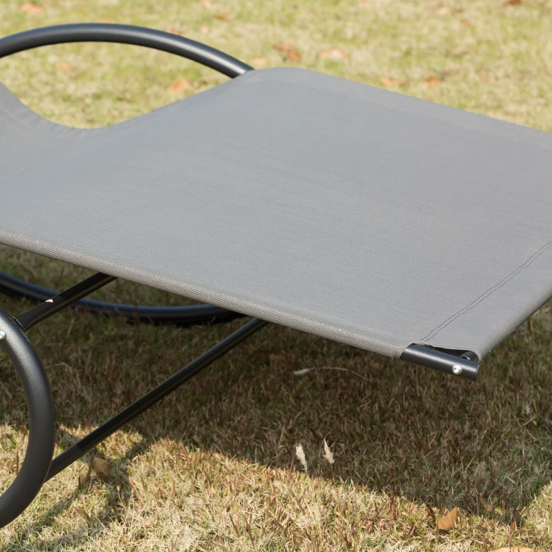 Outsunny Double Chaise Lounger Garden Rocker Sun Bed Outdoor Hammock Chair Texteline with Pillow Grey