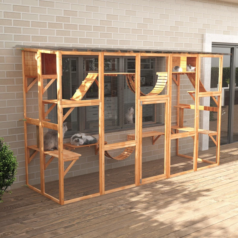 PawHut Large Outdoor Catio with Condos, Platforms, Doors, Ladders, Weather-Resistant Roof, Orange