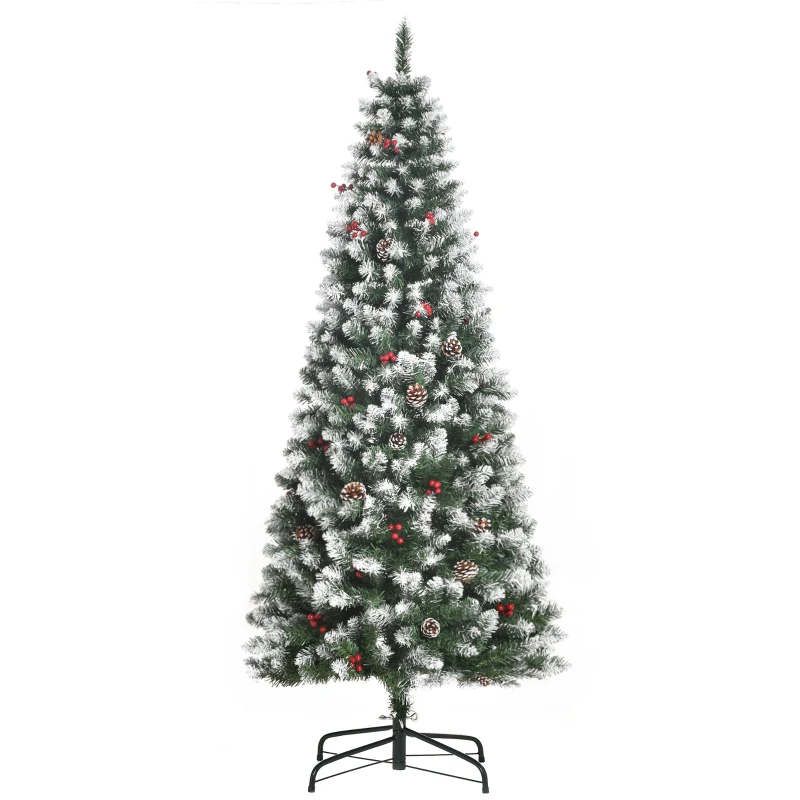HOMCOM 6ft Decorated Christmas Tree with Red Berries and Pine Cones, Flocked Christmas Tree with Pencil Shape, Green