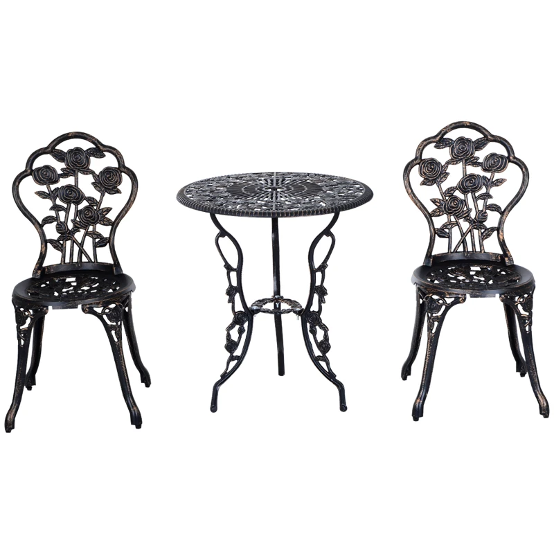 Outsunny 3 Pieces Aluminum Bistro Set, Bistro Table Set Outdoor Patio Furniture with Umbrella Hole, Patio Table and Chairs with Floral Patterns for Garden, Balcony, Porch, Bronze