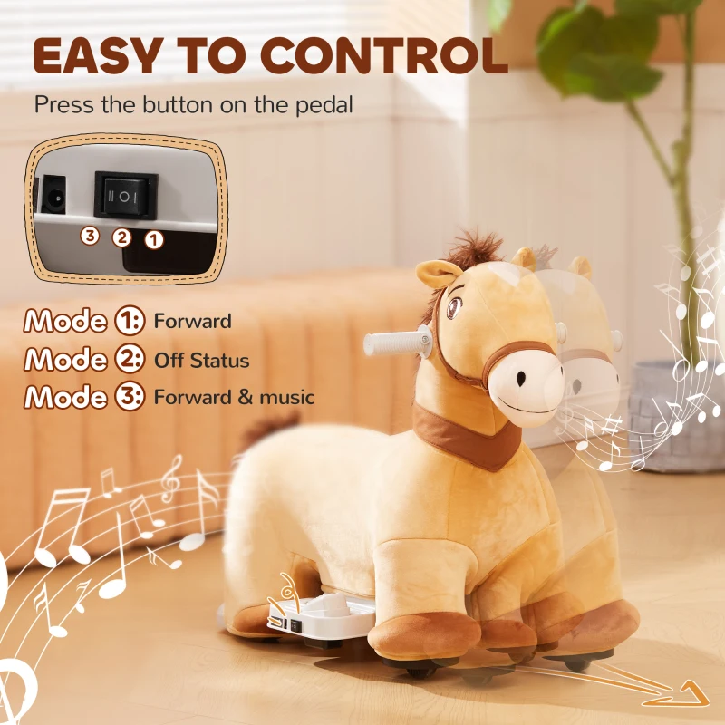 Qaba Battery Powered Electric Ride on Pony, 6V Ride on Horse w/ with Music Forward, PU Wheels, Aged 18-36 Months, Brown