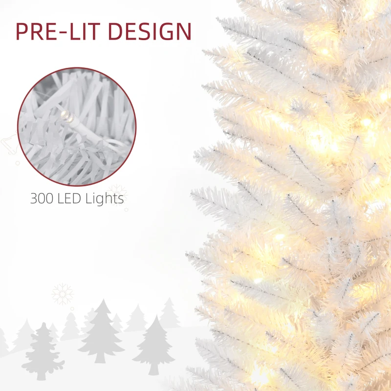 HOMCOM 8ft Pencil Christmas Tree, Slim Artificial Christmas Tree with Realistic Branches and Warm White LED Lights, White