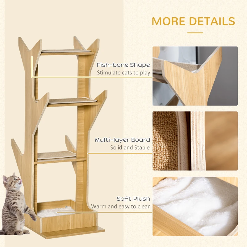 PawHut 4-level Platform Cat Tree with Resting House, Activity Center for kittens, Cat Tower Furniture with Cushion, Oak