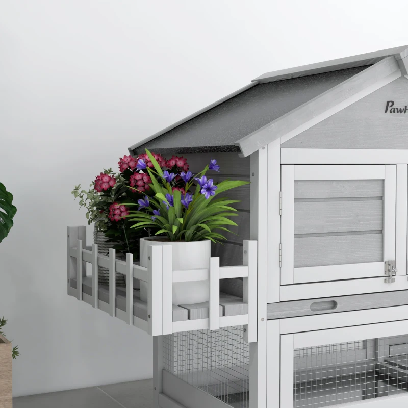 PawHut 65" Wooden Rabbit Hutch, Pet Playpen with Openable Roof, Storage Box, for Rabbits and Small Animals, Grey