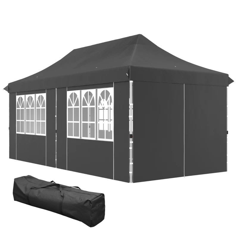 Outsunny 20x10 Pop Up Canopy with 6 Removable Sidewall, Carry Bag and 6 Sand Bags, Height Adjustable Instant Sun Shelter, Grey