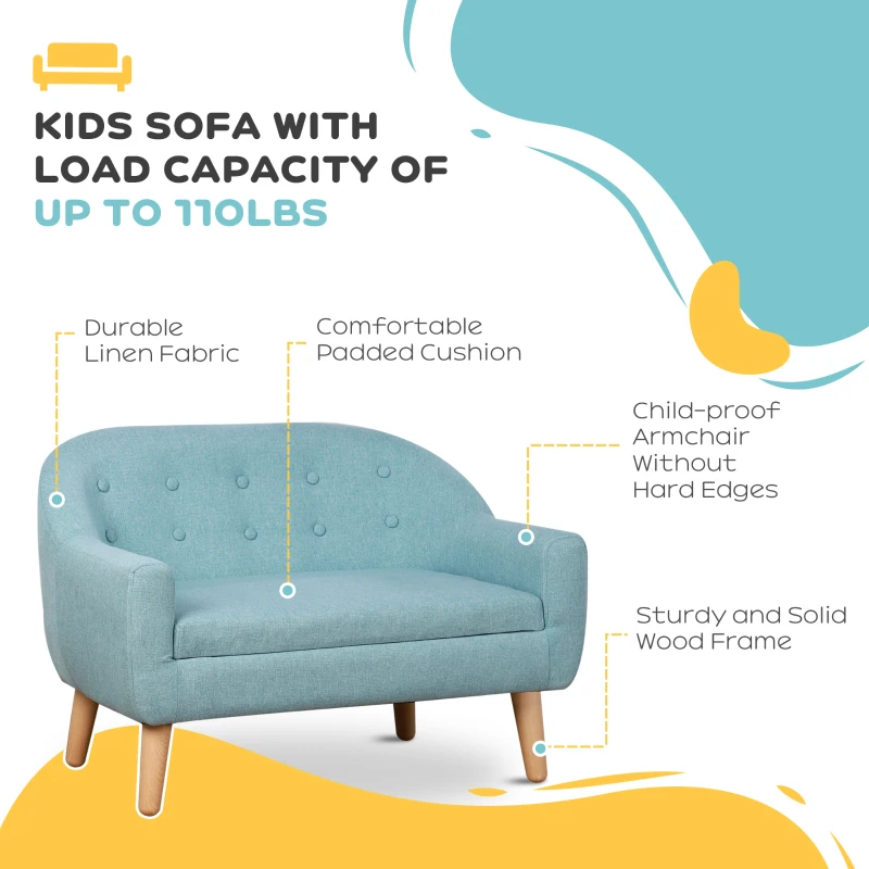 Qaba 2-Seat Kids Sofa, Toddler Sofa Couch, Linen-Like Fabric & Wood Frame Sofa Chair for Ages 3-7, 11" High Seat, Blue