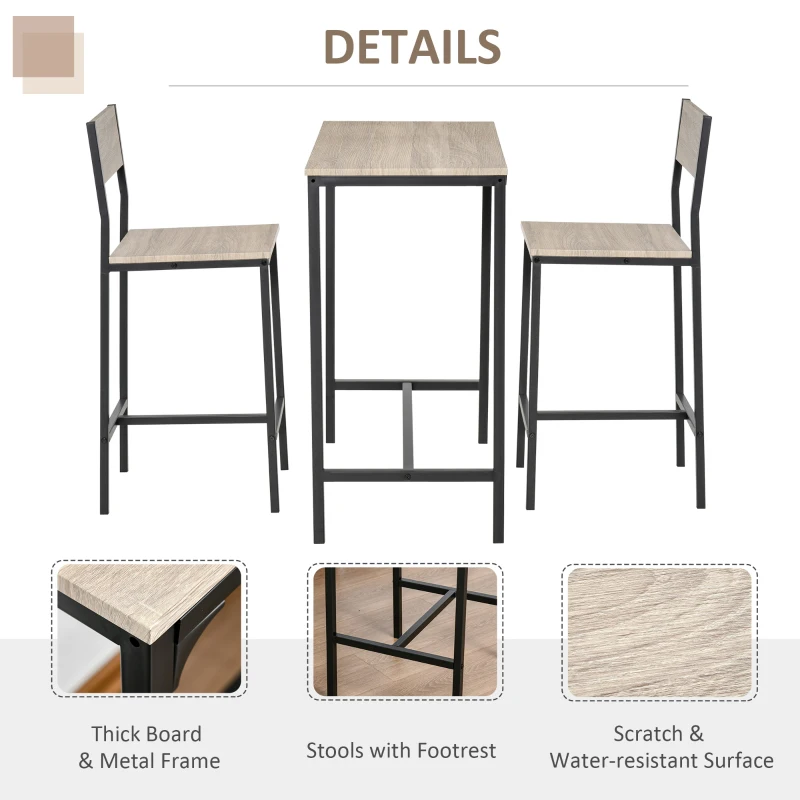 HOMCOM 3 Piece Bar Table and Chairs, Industrial Dining Table Set for 2, Counter Height Kitchen Table with Bar stools, Breakfast Table Set for 2 for Small Space, Natural