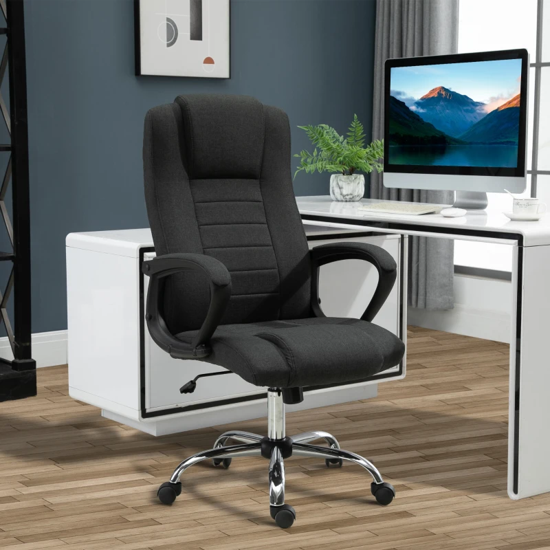 Vinsetto Ergonomic High Back Executive Office Chair, Rocking Swivel Linen Computer Desk Chair with Adjustable Height, Comfort Tilt Function, Padded Armrest, Headrest, Dark Grey