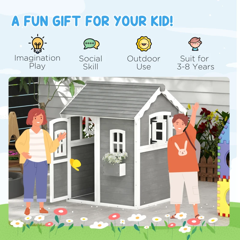 Outsunny Outdoor Wooden Playhouse for Kids with Floor, Door, Windows, Planter Box for 3-8 Years Old, Backyard, Lawn, Garden
