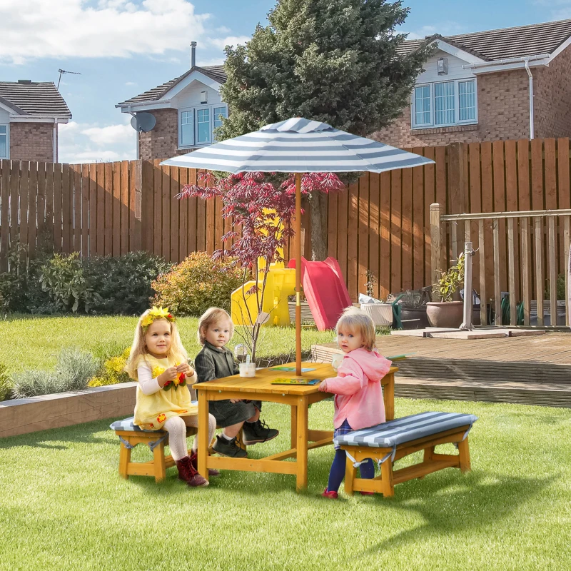 Outsunny Kids Wooden Table and Bench Set with Cushions, Outdoor Picnic Furniture with Removable Umbrella, for Backyard, Garden, Aged 3-8 Years Old, Yellow