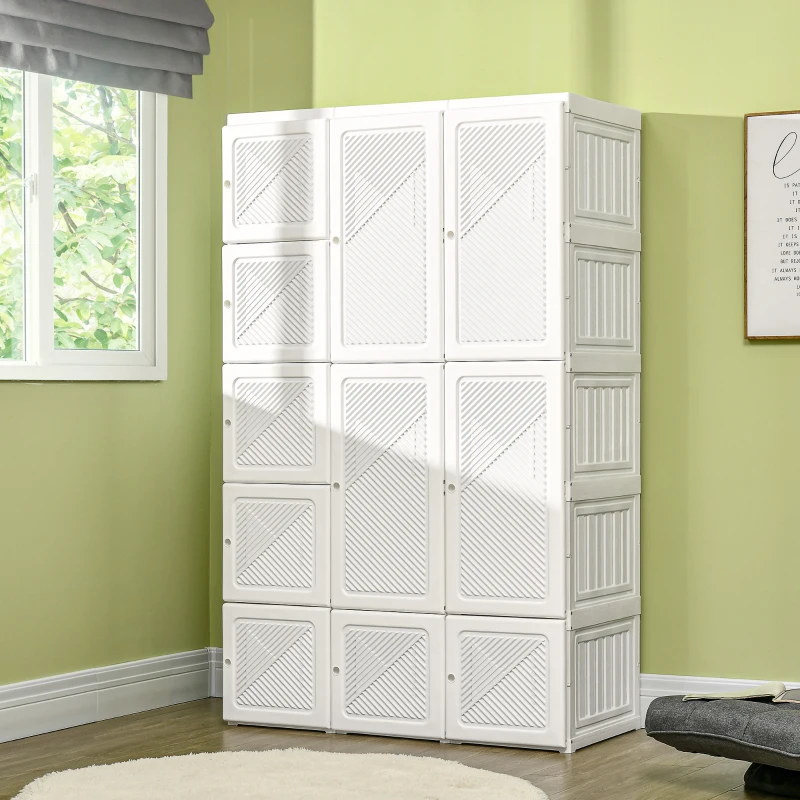 HOMCOM Portable Wardrobe Closet, Folding Clothes Storage Organizer with 8 Cube Compartments, 2 Hanging Rods, 11 Magnet Doors, White