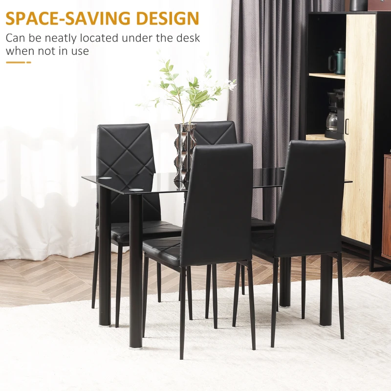 HOMCOM Dining Table and Chairs Set for 4, Modern 5 Pieces Kitchen Table Set with Glass Table, Padded Seat and Steel Frame