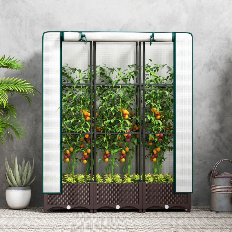 Outsunny Raised Garden Bed Kit with Trellis, Plastic Raised Flower Bed with PE Cover and Zipper Door, 47 x 16 x 50 inch