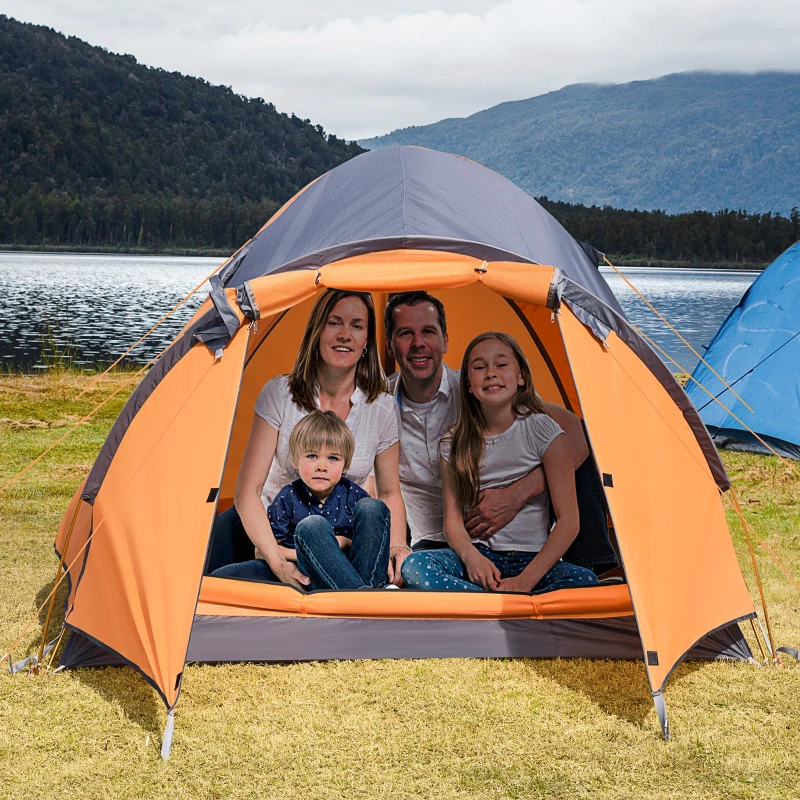 Outsunny Camping Tent with Porch for 4 People, Compact Portable Travel Camping Gear with 3 Doors, Outdoor Dome Tent for Backpacking Hiking or Beach with Windows, Carrying Bag, Orange