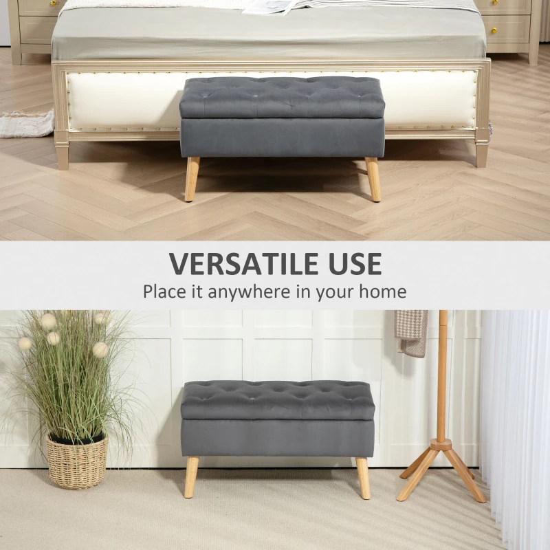 HOMCOM Storage Ottoman with Lid, Velvet Upholstered Storage Bench with Wood Legs for Living Room, Charcoal Grey