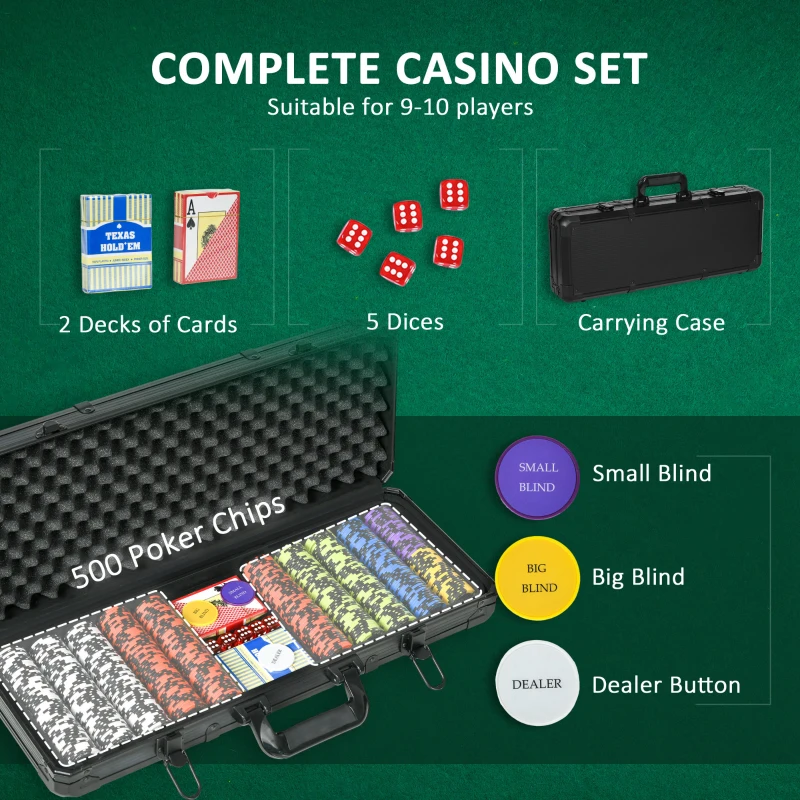 Soozier 500PCs 14 Gram Clay Poker Chips Set Casino Poker Chips with Aluminum Case, Playing Cards, Dealer Button, 5 Dices