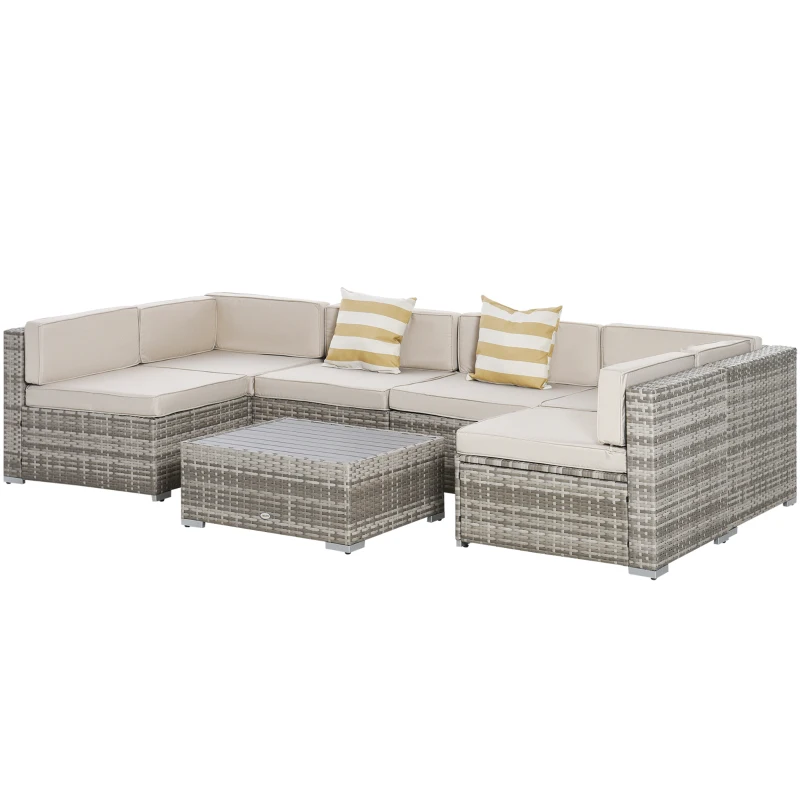 Outsunny 7-Piece Outdoor Wicker Patio Sofa Set, Modern Rattan Conversation Furniture Set with Cushions, and Tea Table, Beige