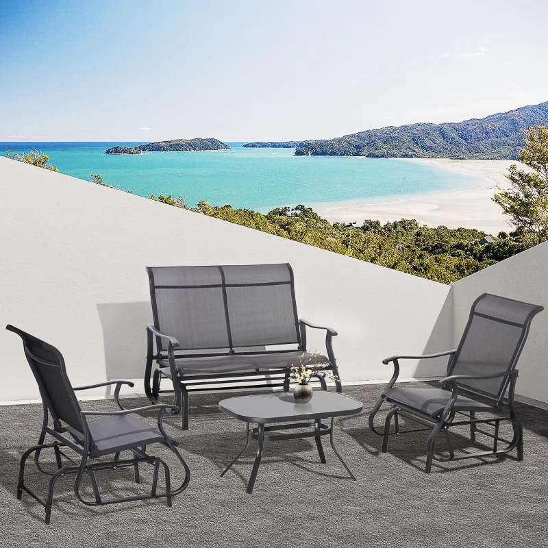 Outsunny 4 Pieces Gliders Set, Outdoor Furniture Sets with 2-Person Glider Patio Bench, Single Sling Chair and Glass Coffee Table for Backyard, Lawn and Garden, Black