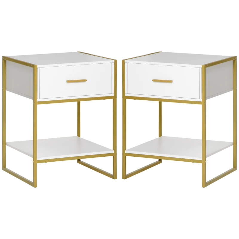 HOMCOM Nightstand Set of 2, Modern Bedside Table with Drawer and Shelf, Bedside Cabinets for Bedroom, White