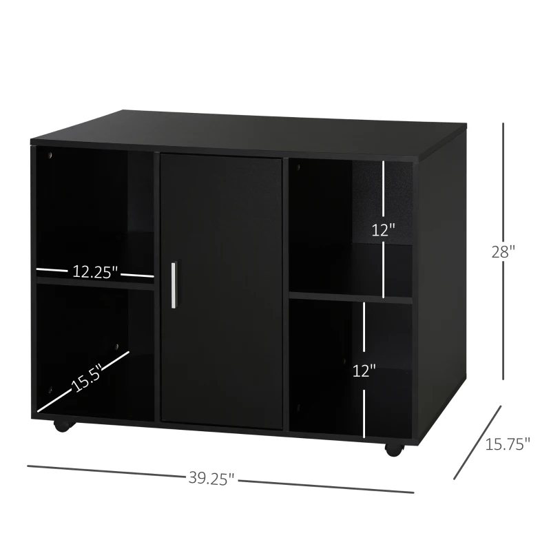 Vinsetto Mobile File Cabinet and Printer Stand for Home Office, Mobile Printer Table with 4 Open Storage Shelves, Door Cabinet, Wheels, Black