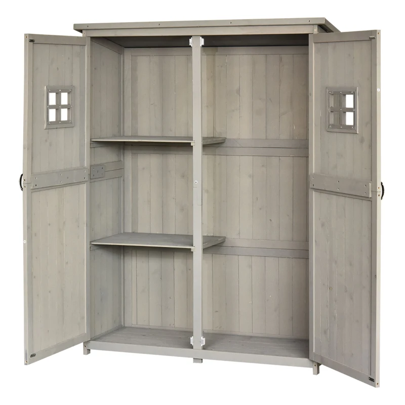 Outsunny 4x1.5ft Wooden Garden Sheds, Outdoor Storage with Windows and Double Door for Gardeners, Grey