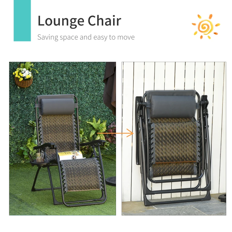 Outsunny Wicker Folding Lounge Chair with Adjustable Backrest, Rattan Recliner Chair with Headrest & Side Table Tray, Grey