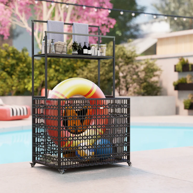 Outsunny Wicker Pool Float Storage Organizer, PE Rattan Pool Float Holder with Basket Shelf Towel Bars, Rolling Pool Caddy for Floaties, Noodles, Life Vests, Beach Balls, Brown