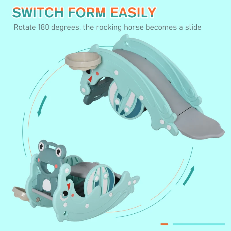 Qaba 3-in-1 Kids Slide And Rocking Horse Dual-Use Children Activity Equipment Portable Slide Indoor Outdoor Playground Toy W/ Basketball Hoop Toddler Birthday Gift, Age 1.5-3, Green