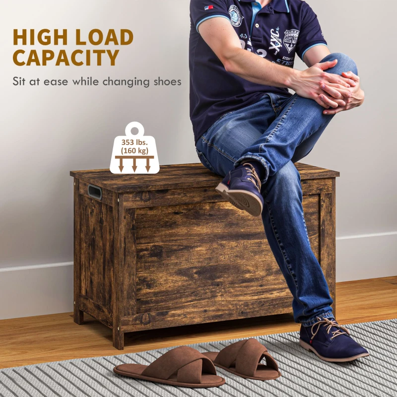 HOMCOM 29.9" Storage Trunk w/ 2 Safety Hinges, Wooden Storage Bench w/ Side Handles, Storage Chest for Playroom, Rustic Brown