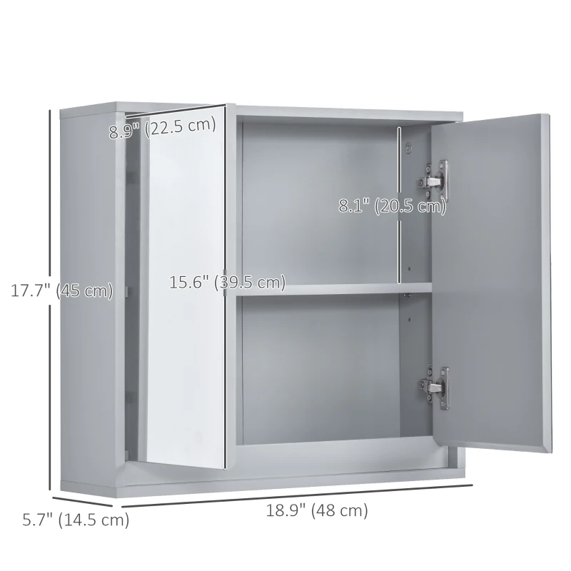 HOMCOM Wall Mounted Bathroom Medicine Cabinet Mirrored Cabinet with Hinged Door 2-Tier Storage Shelves Grey