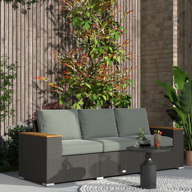 Outsunny 3-Seat Outdoor Patio Sofa with Cushions, PE Rattan Wicker Sofa with Wide Armrests, Outdoor Wicker Couch, Dark Gray(m-10)