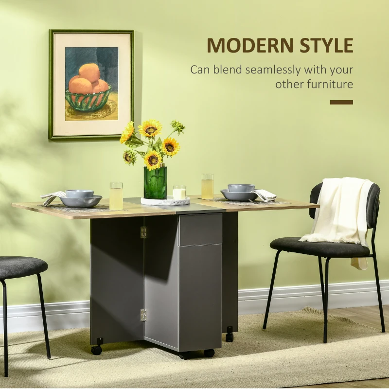 HOMCOM Extendable Dining Table, Drop Leaf Table with 2 Drawers and Storage Cabinet, Folding Dining Table with 6 Wheels