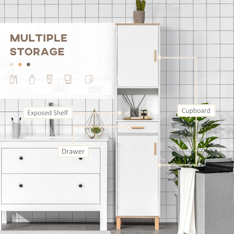 kleankin Bathroom Storage Cabinet with Cupboards and Drawer, Floor Free Standing Linen Tower, Tall Slim Side Organizer Shelves, White