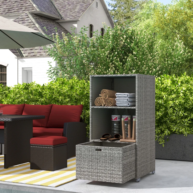 Outsunny PE Rattan Pool Towel Rack with 2 Storage Shelves Basket Mixed gray