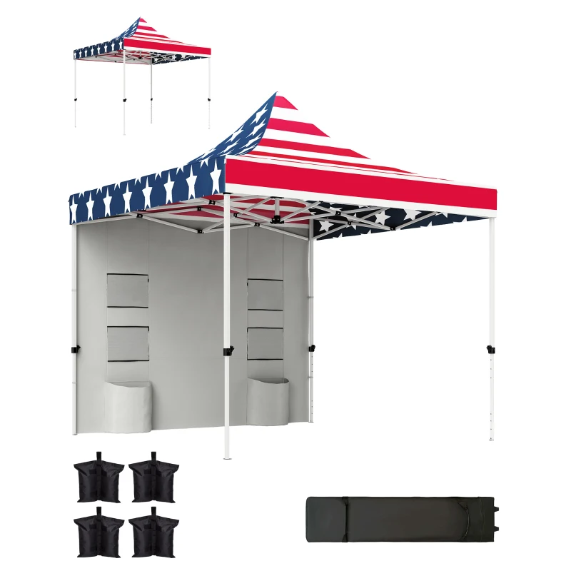 Outsunny 10' x 10' Heavy Duty Pop Up Canopy Tent with Sidewall, UPF50+ Instant Sun Shelter with Storage Pockets, American Flag