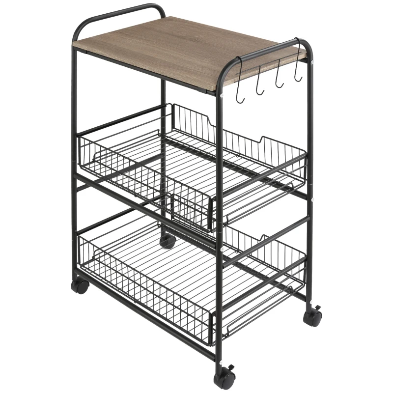 HOMCOM 3 Tier Kitchen Cart with Storage, Rolling Kitchen Island Cart with 2 Sliding Fruit Basket and Side Hooks for Dining Room, Oak