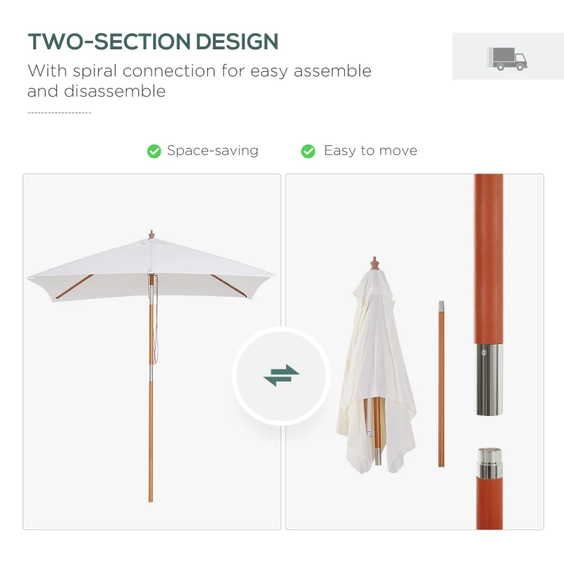 Outsunny 6.6x5ft  Fir Wooden Patio Umbrella Square Market Parasol Tilt Mechanism 6 Ribs Garden Sunshade, Cream White