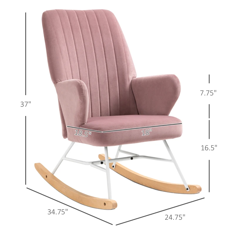 HOMCOM Accent Rocking Chairs, Upholstered Nursery Glider Rocker, Modern Armchair, Wingback Chair for Living Room and Bedroom, Pink