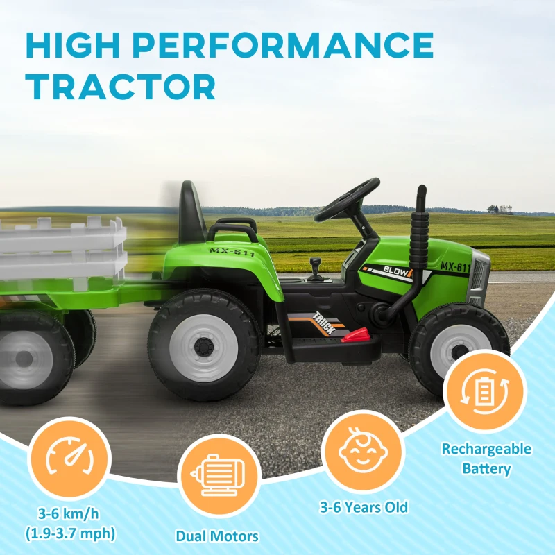Aosom 12V Ride on Tractor with Trailer, 25W Dual Motors, Battery Powered Electric Tractor with Remote Control, Music Startup Sound and Horn, LED Lights, Green