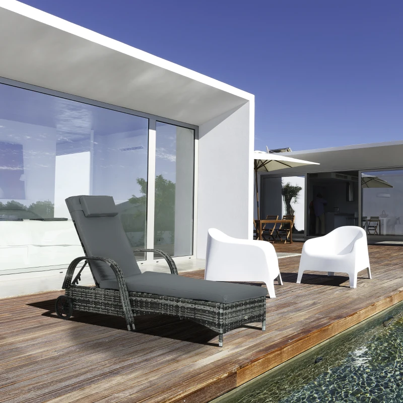 Outsunny Wicker Outdoor Chaise Lounge, 5-Level Adjustable Backrest PE Rattan Pool Lounge Chair with Wheels, Cushion & Headrest, Mixed Gray and Charcoal Gray