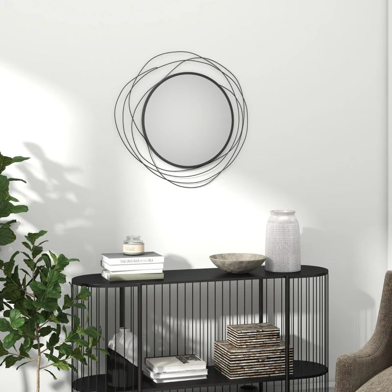 HOMCOM 25.6" Circle Mirror for Wall, Modern Metal Wall Art for Living Room, Bedroom and Dining Room, Black