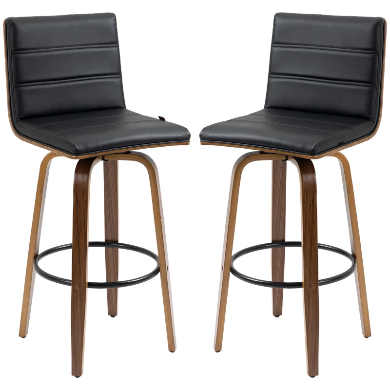 HOMCOM Swivel Bar Stools Set of 2, Upholstered Bar Height Stools, Bar Chairs with Soft Padding Seat and Wood Legs, Black