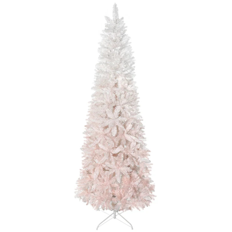 HOMCOM 7ft Pencil Artificial Christmas Tree with Pine Realistic Branches, Auto Open, Pink and White