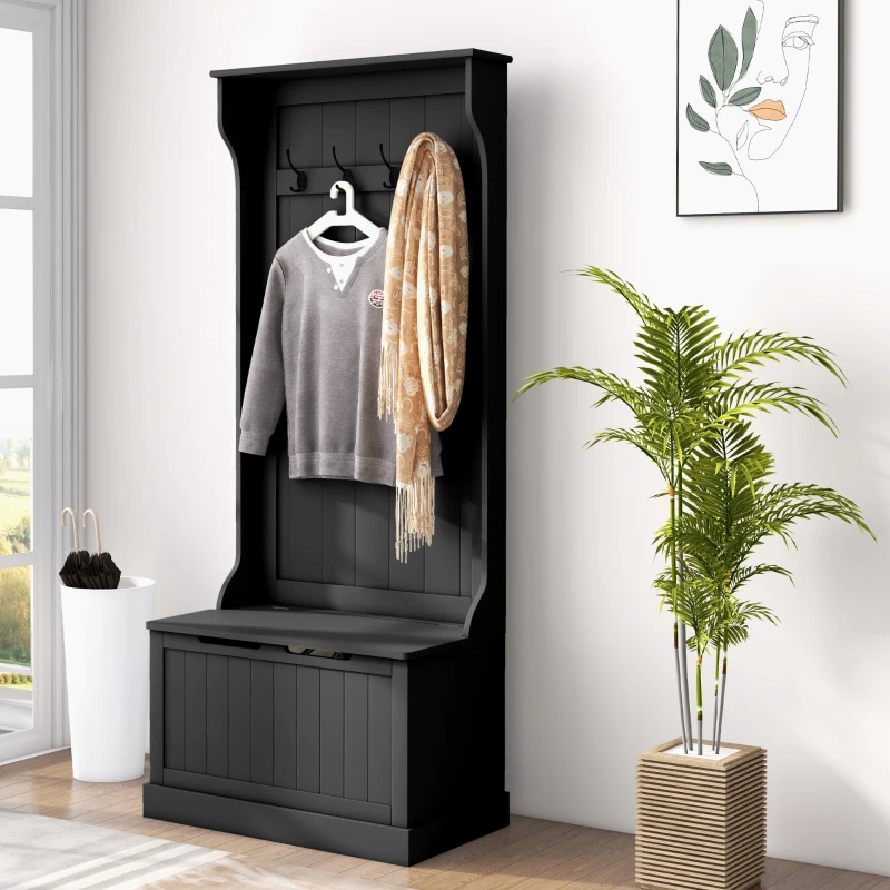 HOMCOM Entryway Hall Tree with Coat Rack and Sitting Bench, Mudroom Bench with Storage and Hooks, Black