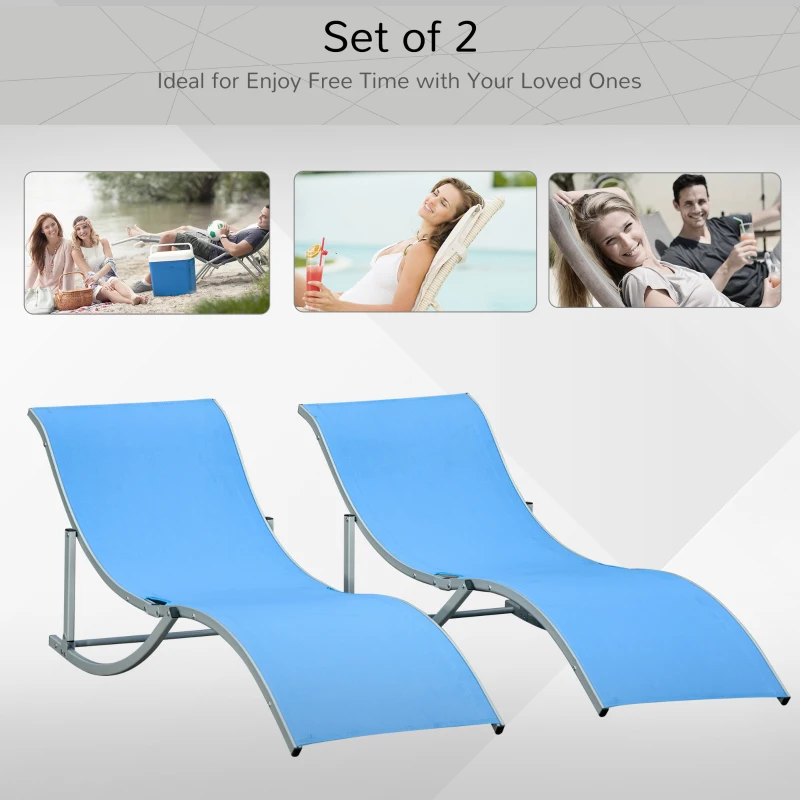 Outsunny Pool Chaise Lounge Chairs Set of 2, S-shaped Foldable Outdoor Chaise Lounge Chair Reclining for Patio Beach Garden With 264lbs Weight Capacity, Blue