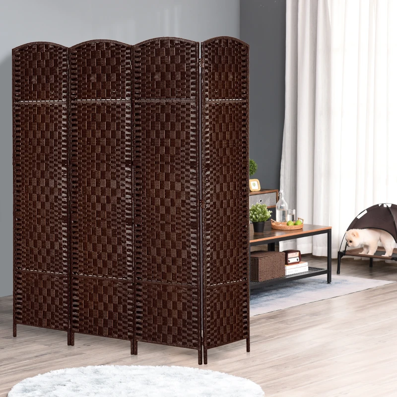 HOMCOM Room Divider, 4 Panel Folding Privacy Screen, 6FT Tall Portable Wicker Weave Partition Wall Divider for Bedroom, Home Office, Brown