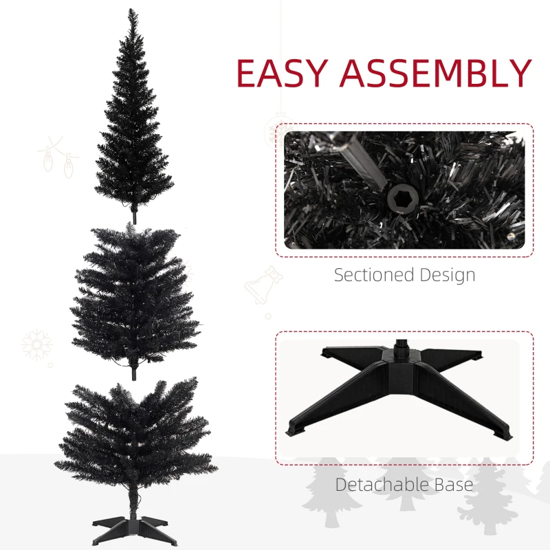 HOMCOM 6ft Pencil Christmas Tree, Slim Artificial Christmas Tree with Realistic Branches and Warm White LED Lights, Black